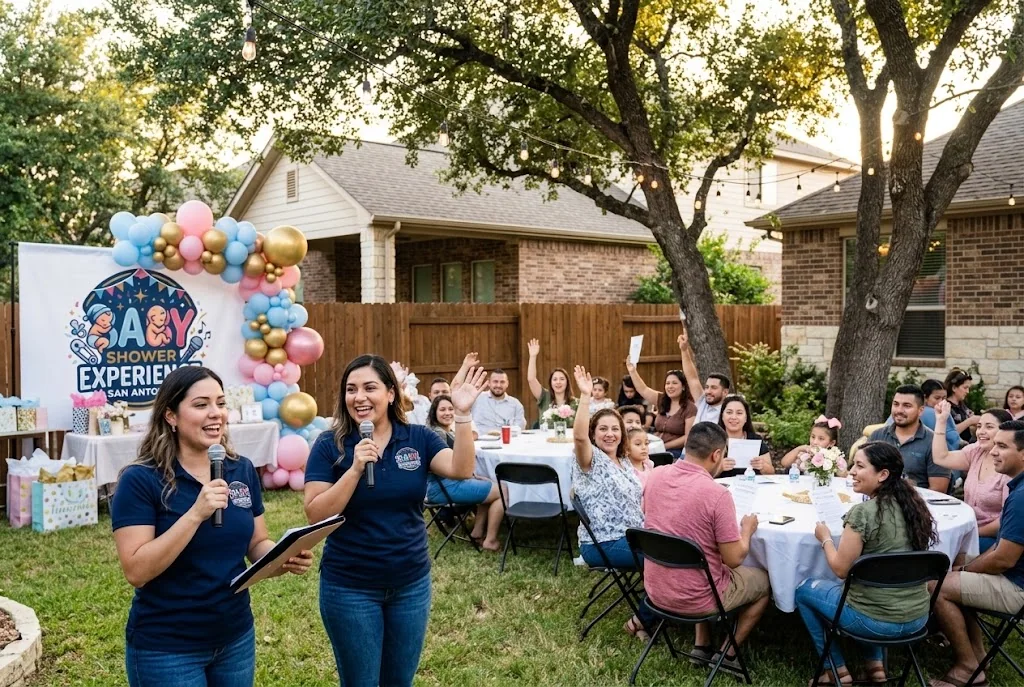 Two hosts with microphones leading a garden celebration beside a pink, blue and gold balloon display